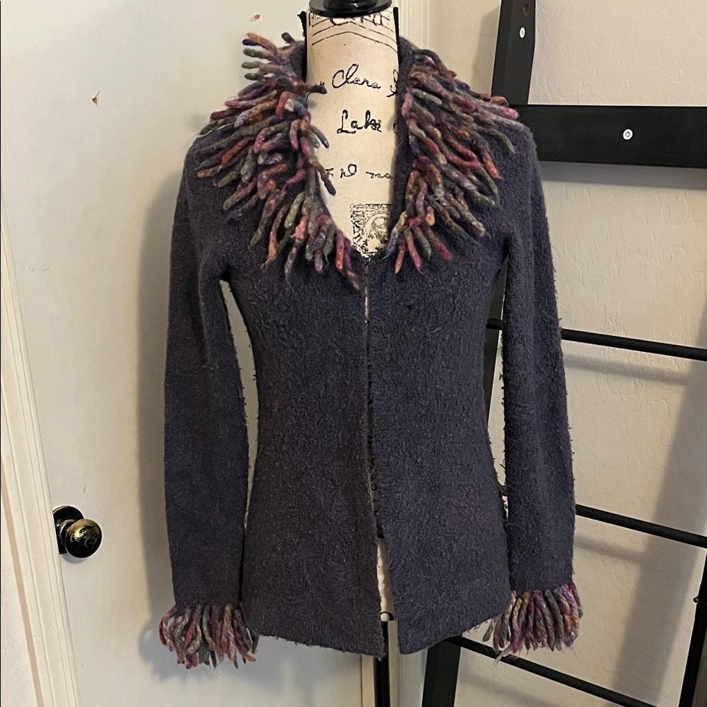Free People Y2K Purple Wool Blend Multicolor Yarn Fringe Cardigan Sweater Boho